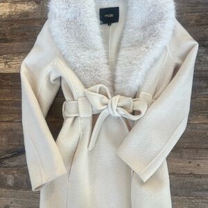 Maje Galaxyo Faux Fur Collar Short Belted Wool Blend Coat - Sz 36